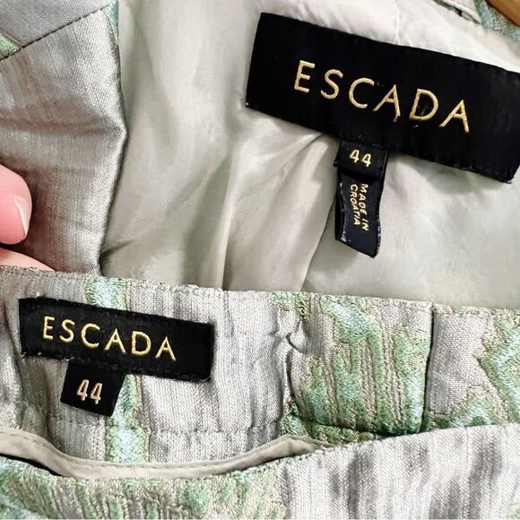 Escada Pant Suit Blazer Jacket Green Silver Metallic Floral Size 44 XL - Picture 12 of 14